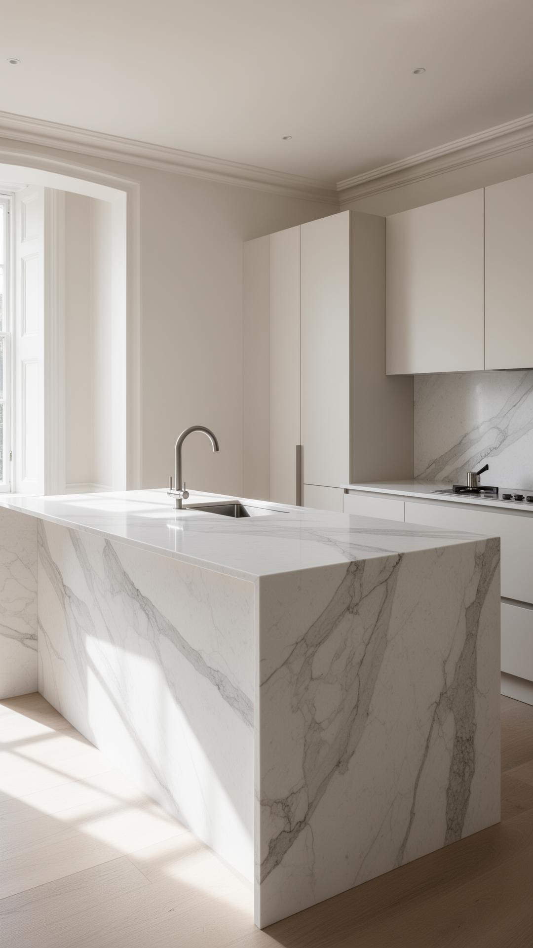 Luxury Manchester kitchen with calacatta quartz waterfall island