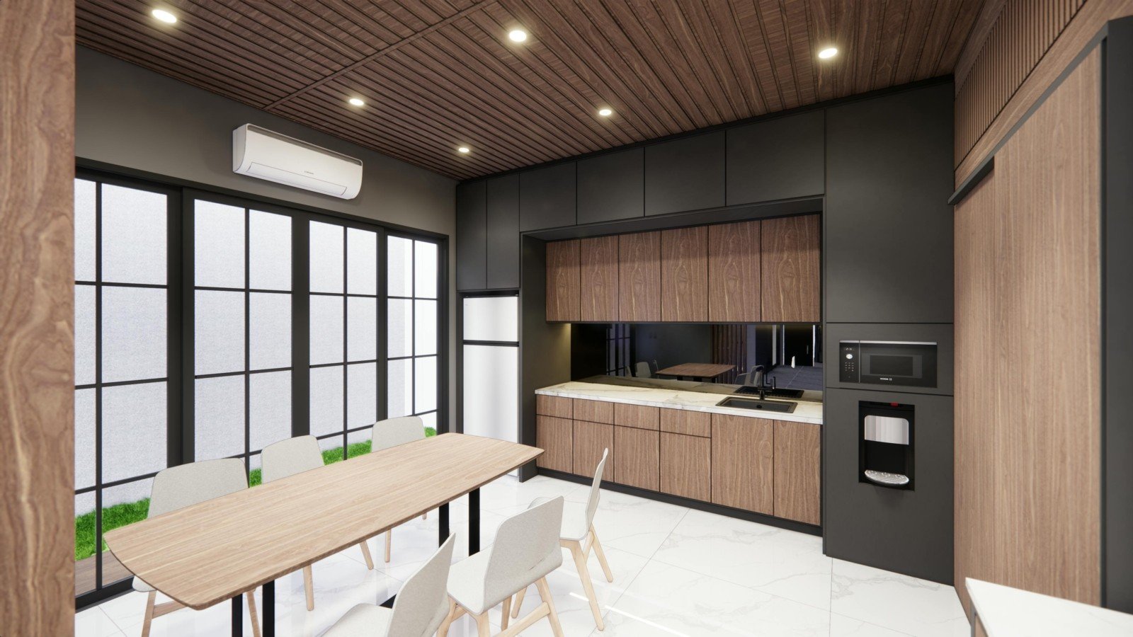 Line art kitchen with mirror splashback behind hob